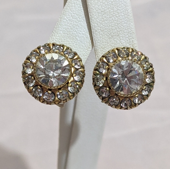 Vargas Jewelry Fantastic Gold Rhinestone Screw Back Earrings